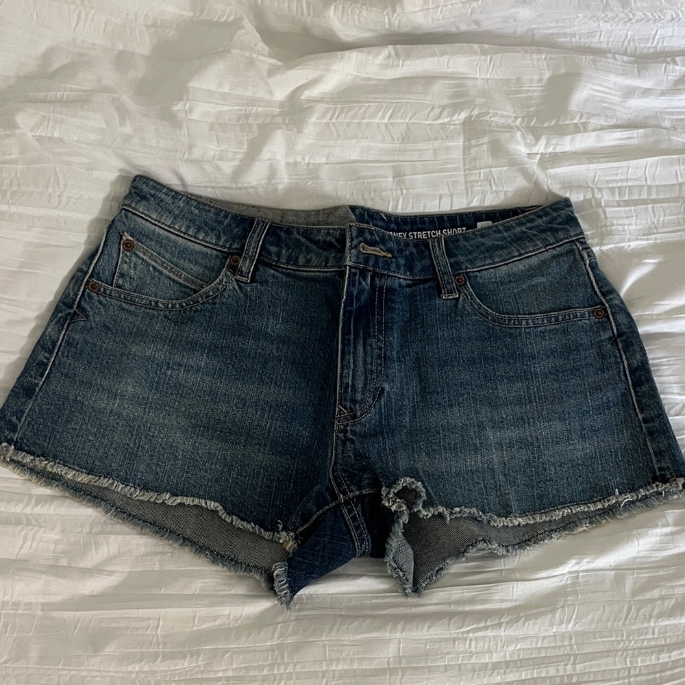 Volcom Women's Dark Blue Frayed Hem Denim Shorts
